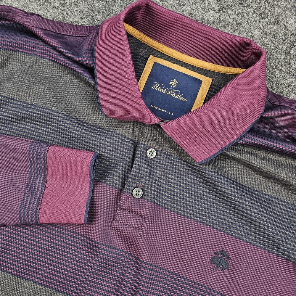 Brooks Brothers Mens XL Long Sleeve Polo Shirt Purple Navy Gray Stripe Cotton